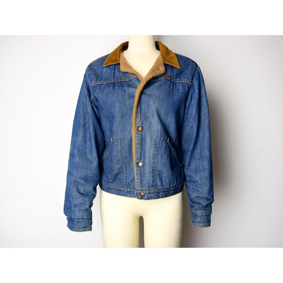1970s Wrangler Denim Jacket Size Small 70s Faux Fur Lined Jean Jacket Denim Coat - Picture 3 of 10